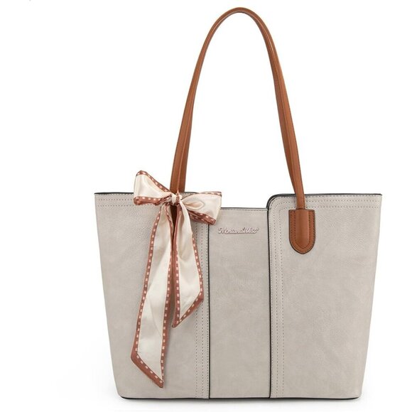Handbags - Women Ivory Beige Imported Vegan Leather Medium Top Handle Satchel Tote Bags